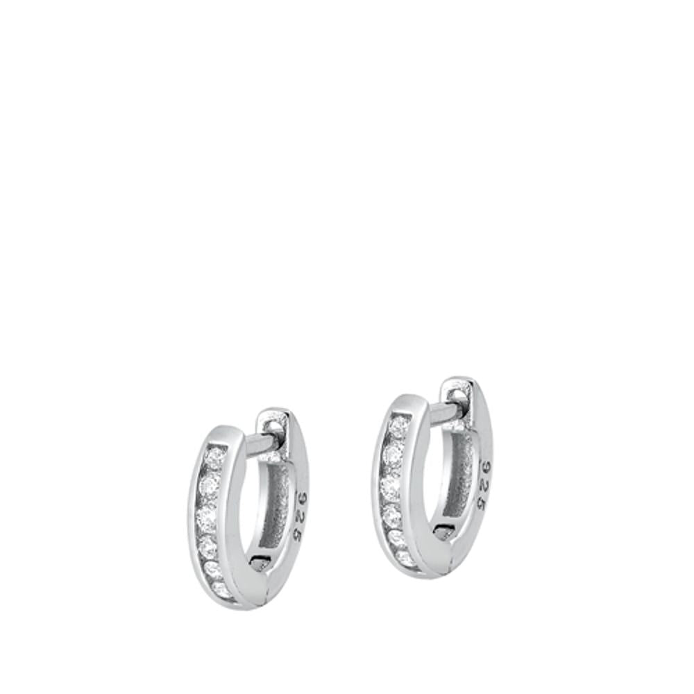 Sterling Silver Classic Clear CZ Studded High Polished Hoop Earrings 925 New