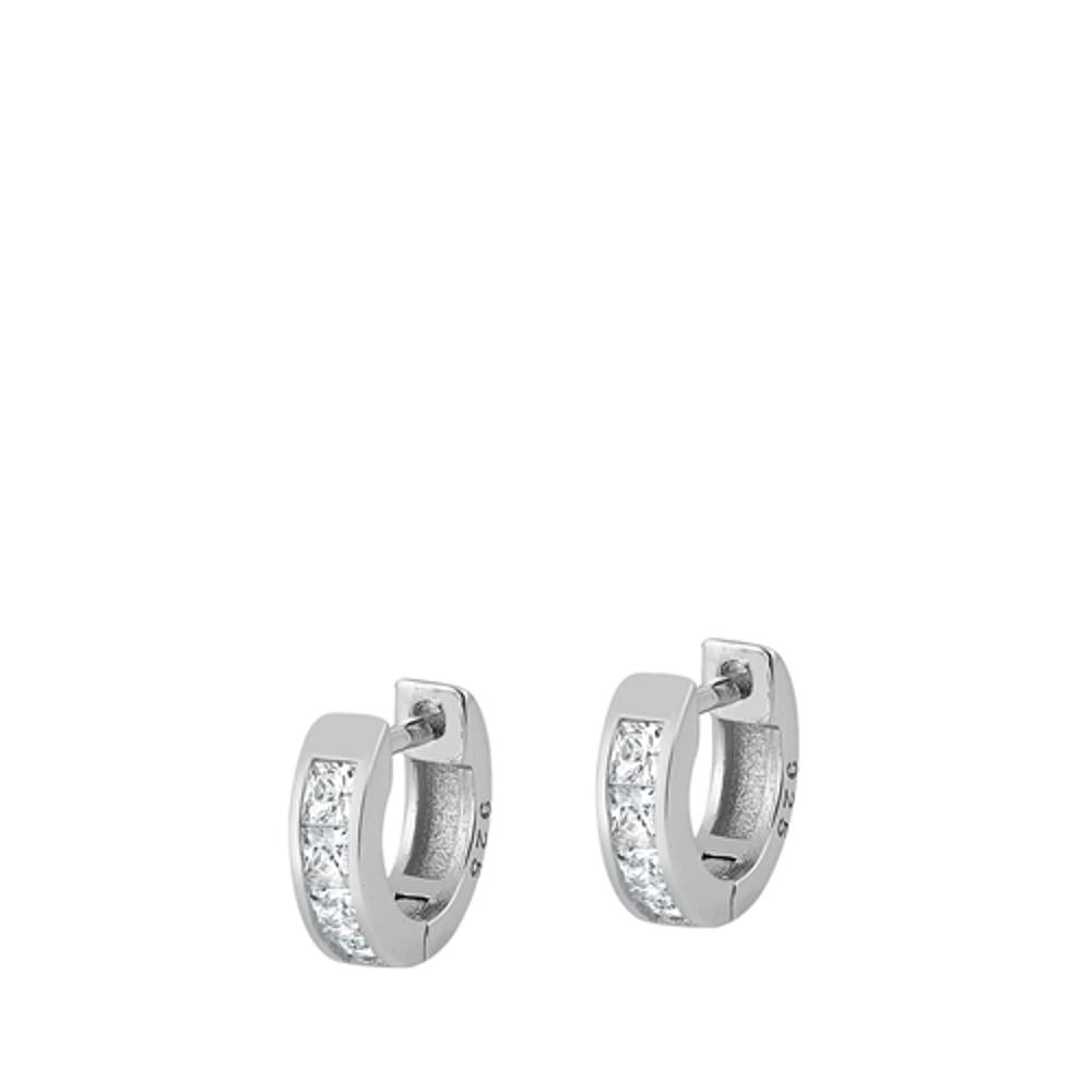 Sterling Silver Classic Clear CZ Studded Huggie High Polished Hoop Earrings 925