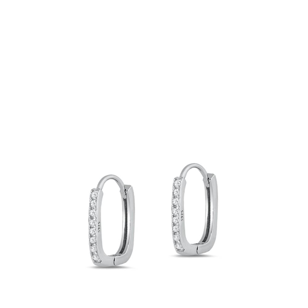 Sterling Silver Fashion Earrings Clear Oblong Studded High Polished Hoop CZ 925