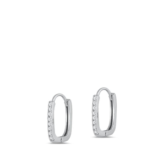 Sterling Silver Fashion Earrings Clear Oblong Studded High Polished Hoop CZ 925