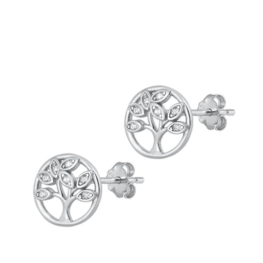 Sterling Silver Classic Round Circle Tree of Life Clear CZ Earrings 925 New