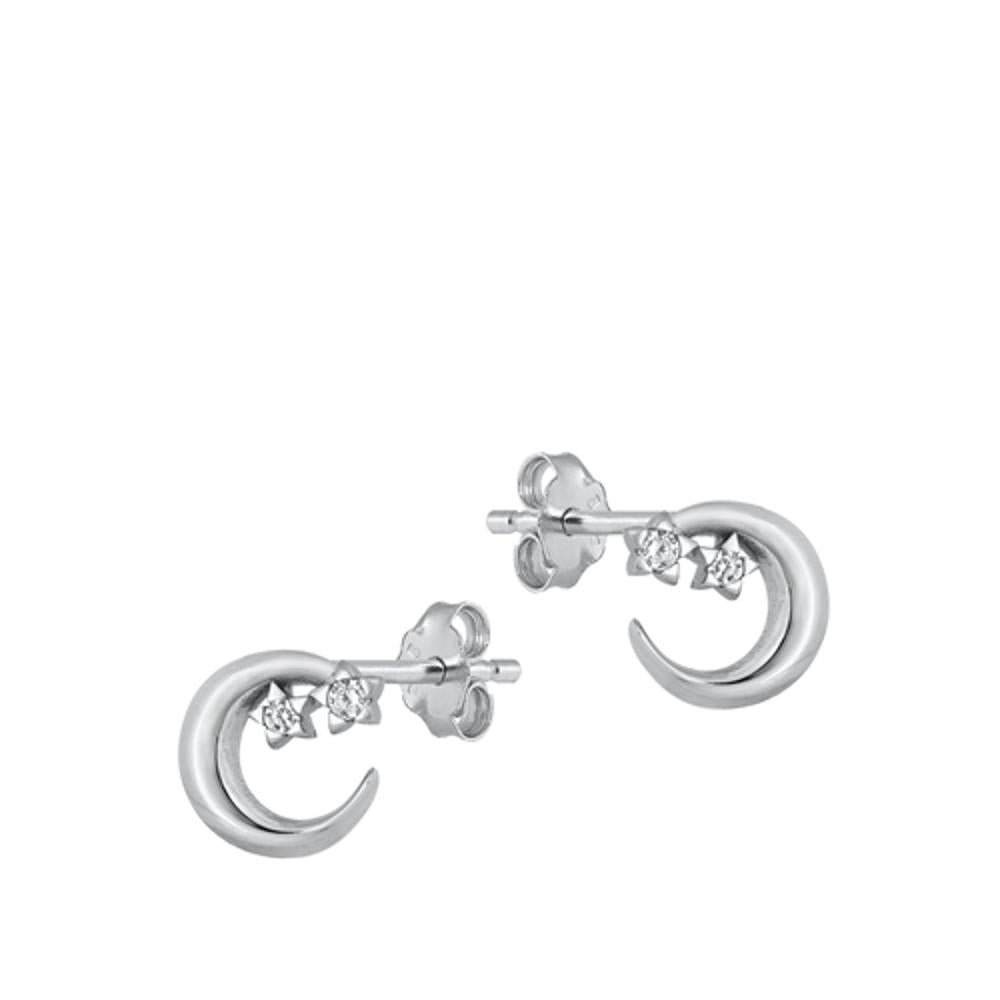 Sterling Silver Polished Crescent Moon Hoop Clear CZ Earrings 925 New