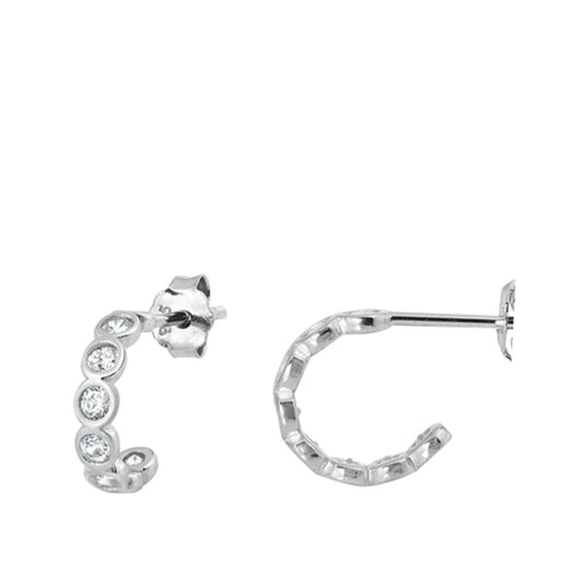 Sterling Silver Unique Huggie Hoop Clear CZ High Polished Earrings 925 New
