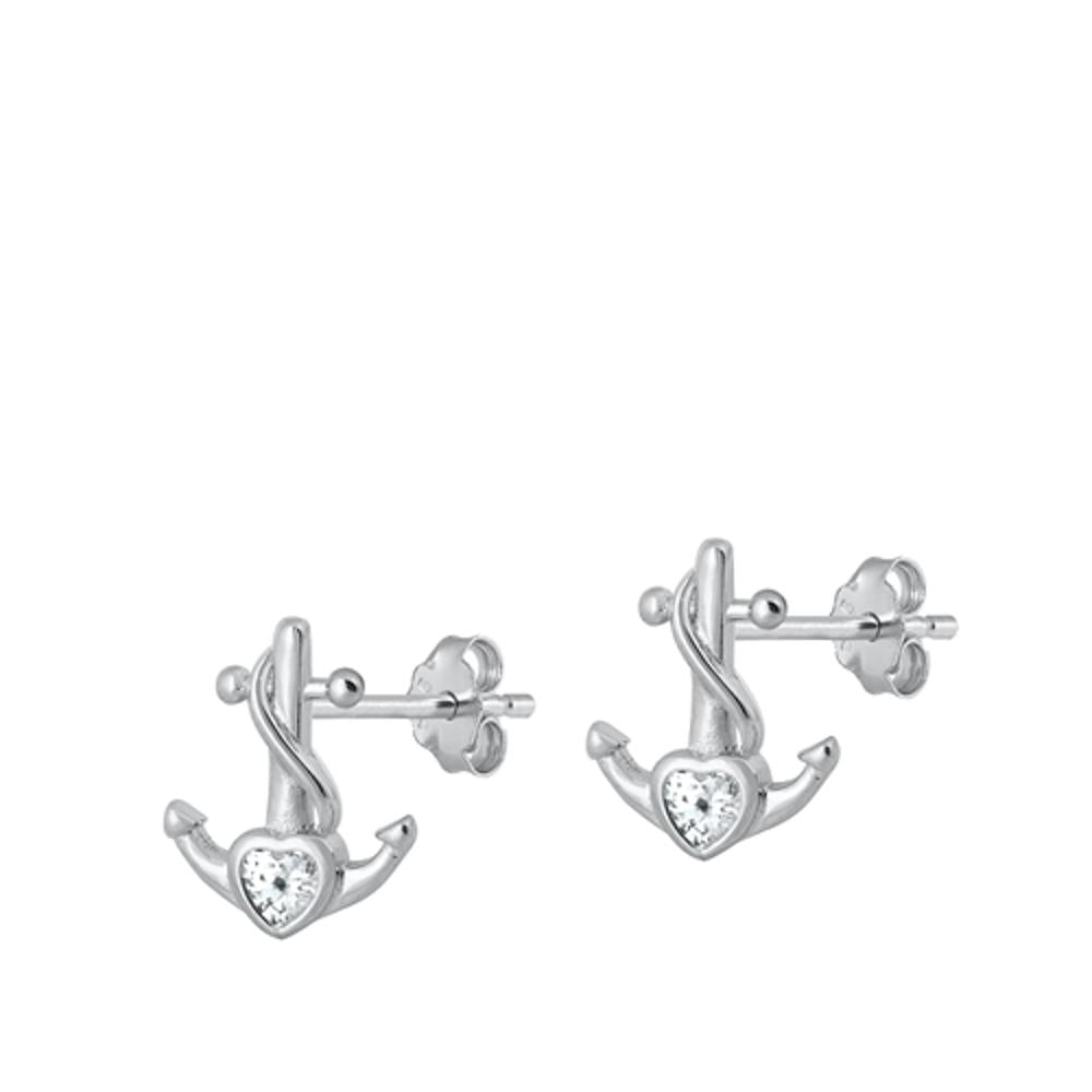 Sterling Silver Classic Nautical Heart Anchor Clear CZ Earrings 925 New