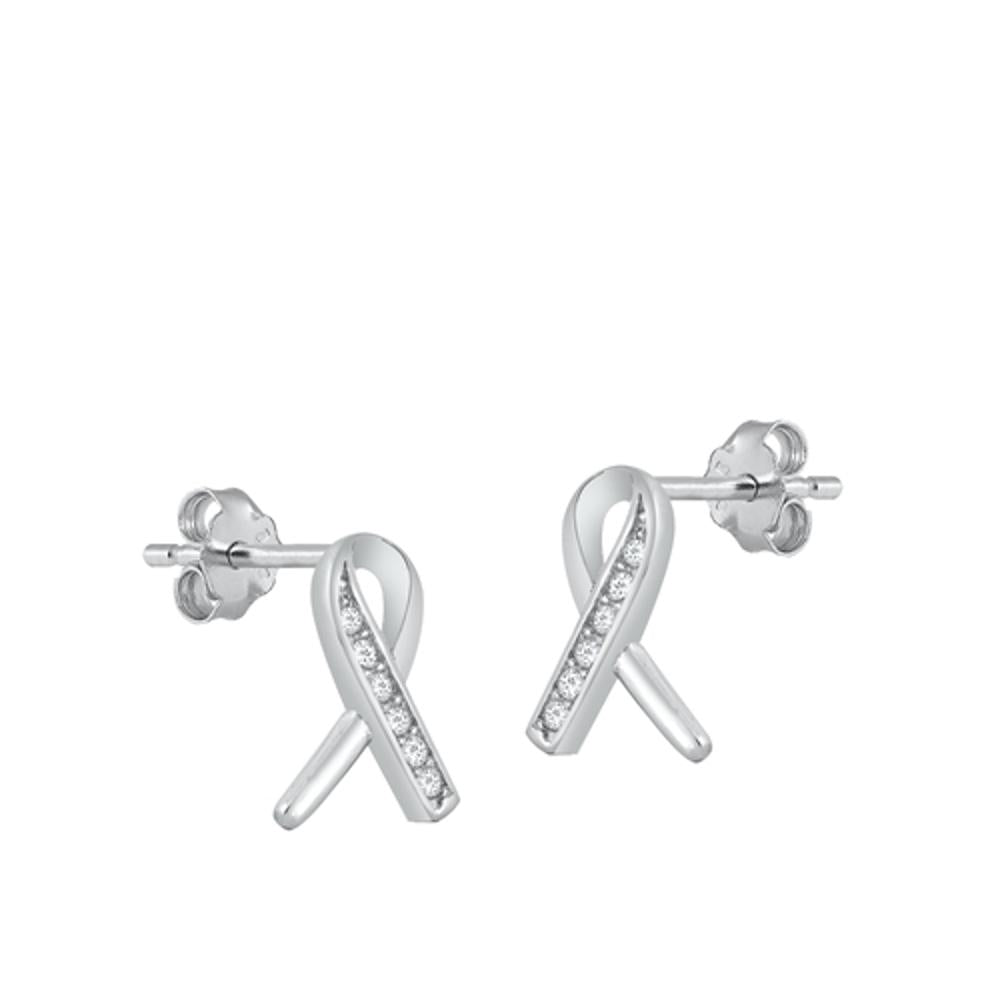 Sterling Silver Beautiful Clear CZ Awareness Ribbon Earrings 925 New