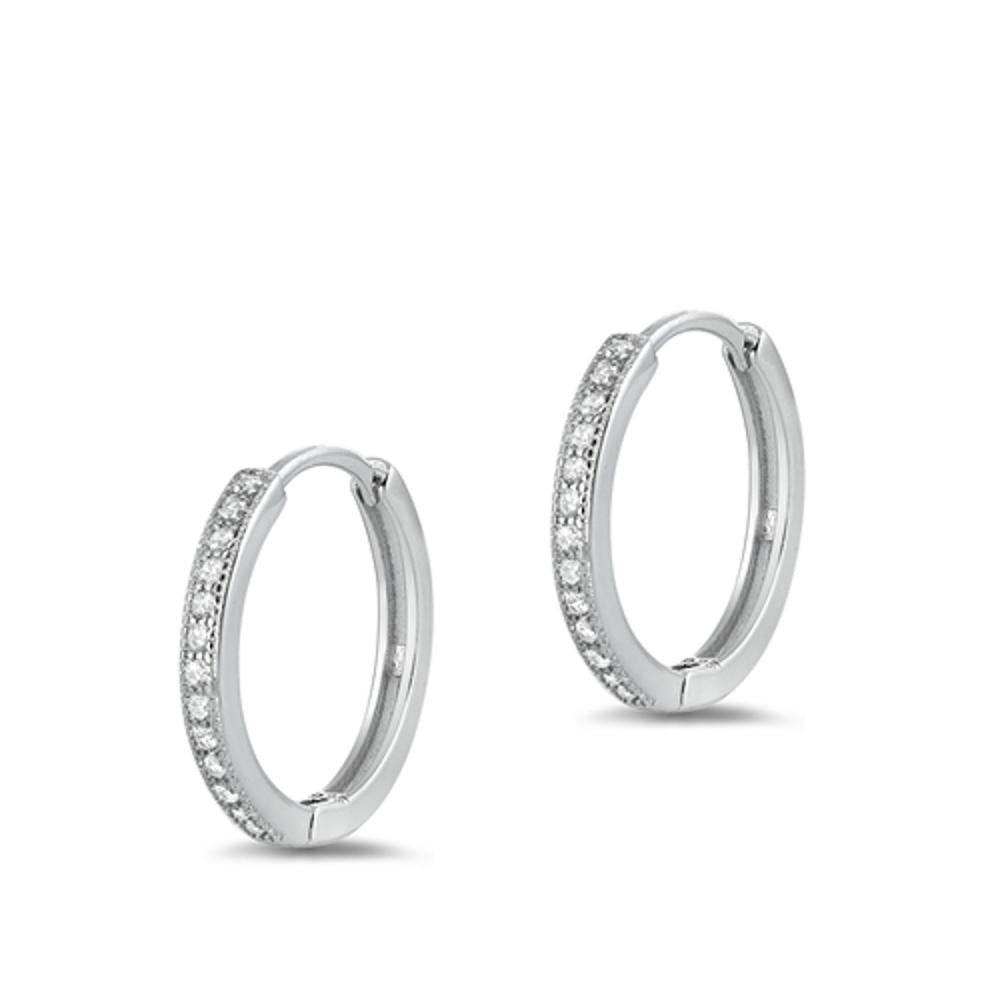 Sterling Silver Classic Hoop Clear CZ High Polished Earrings 925 New