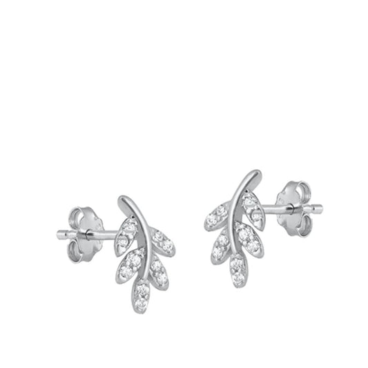 Sterling Silver Unique Leaf Clear CZ High Polished Earrings 925 New