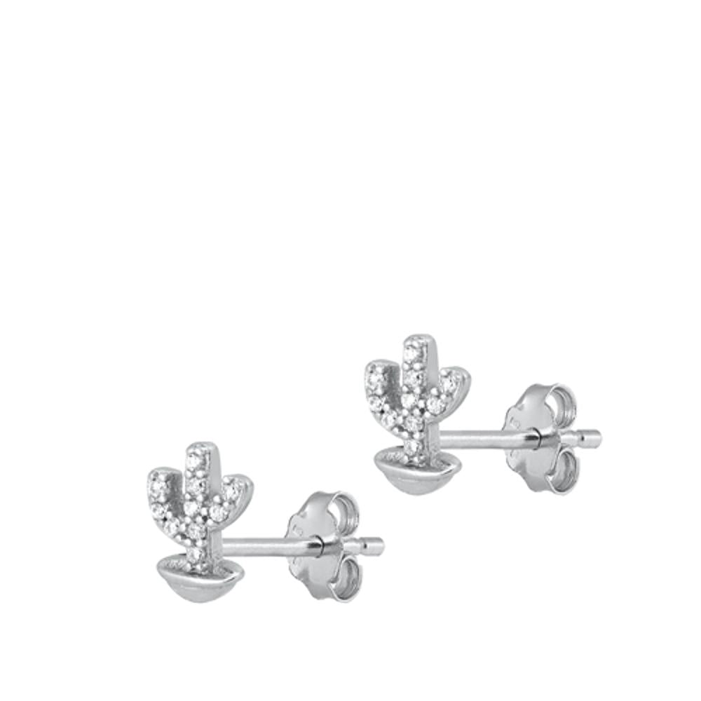 Sterling Silver Classic Potted Cactus Plant Clear CZ Earrings 925 New