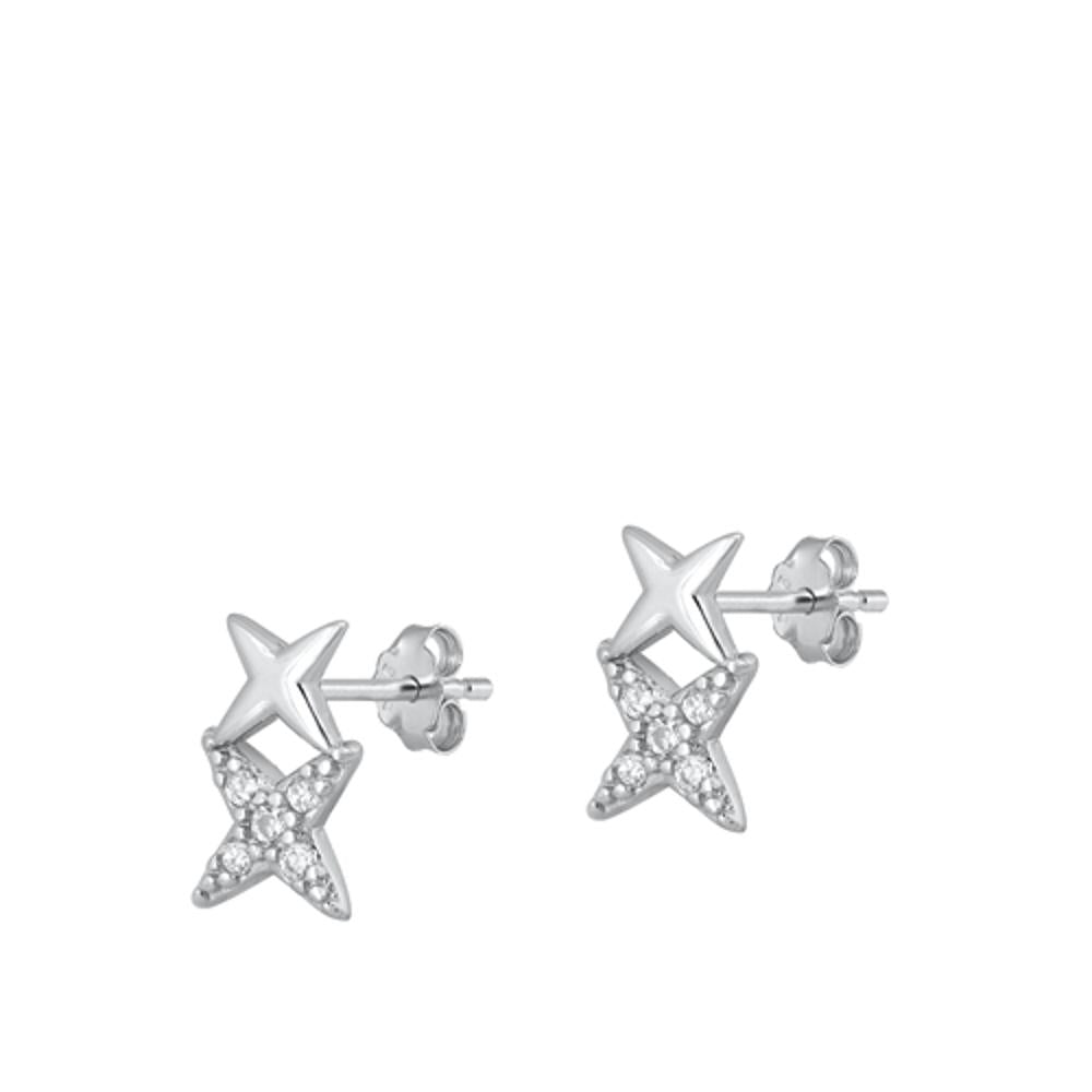 Sterling Silver Fashion Kiss Star Criss Cross Earrings Clear CZ 925 New