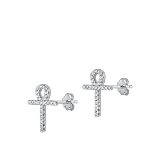 Sterling Silver Religious Egyptian Ankh Cross Clear CZ Stud Earrings 925 New