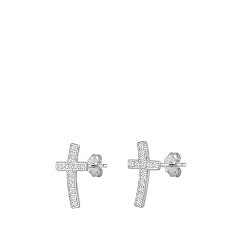 Sterling Silver Cute Clear CZ Chic Curved Cross Stud Christian Earrings 925 New