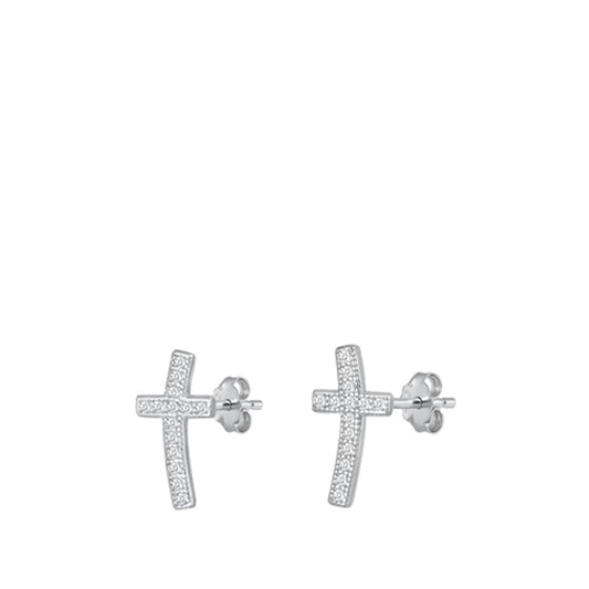 Sterling Silver Cute Clear CZ Chic Curved Cross Stud Christian Earrings 925 New