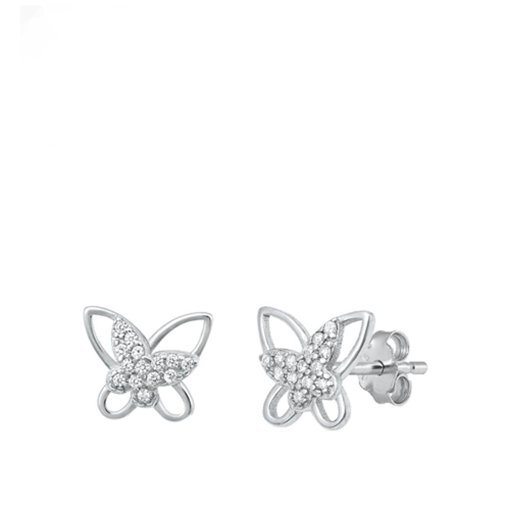 Sterling Silver Beautiful Clear CZ Double Butterfly Stud Earrings 925 New