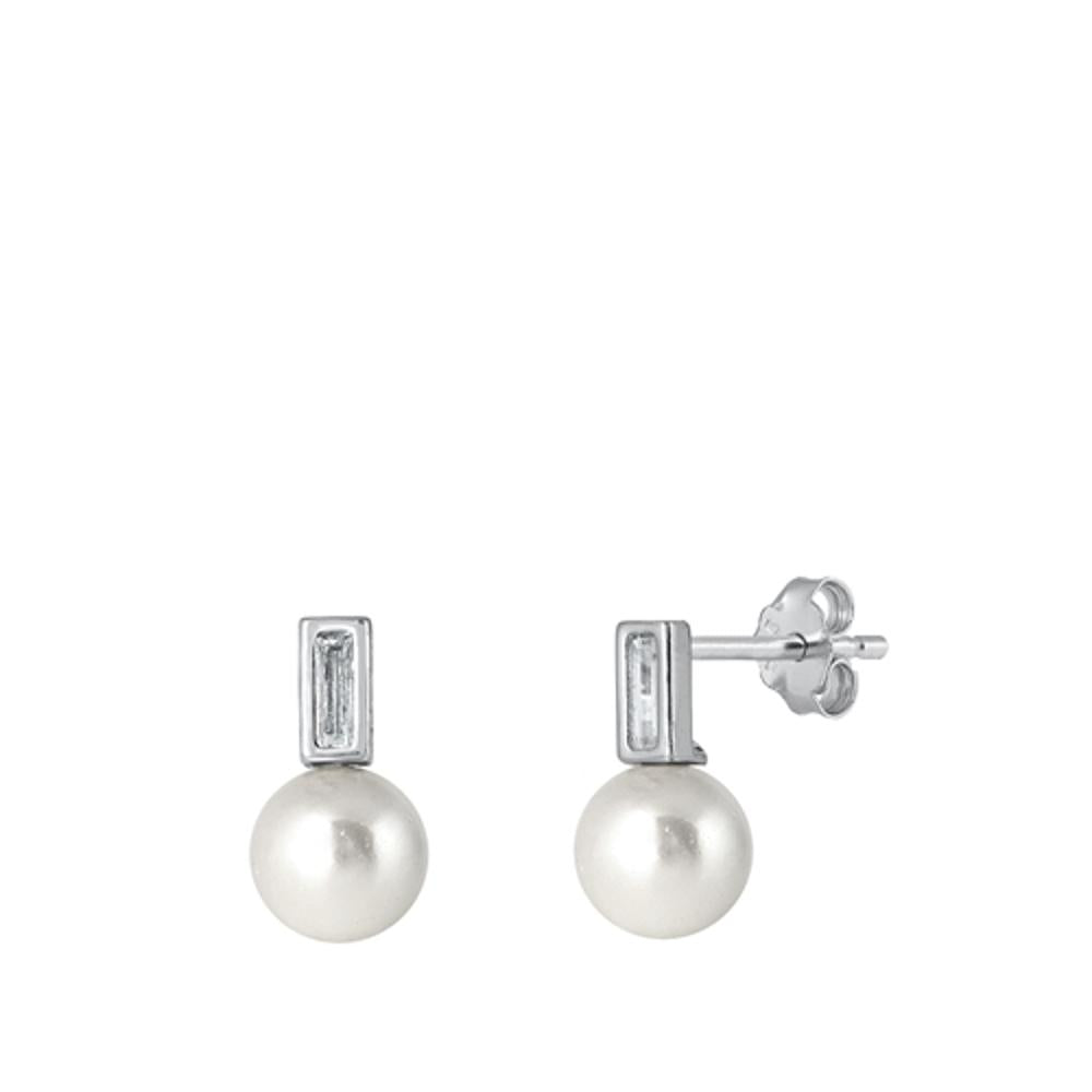 Sterling Silver Beautiful Clear CZ Freshwater Pearl High Polished Earrings 925