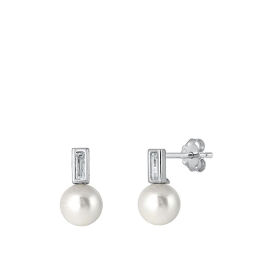 Sterling Silver Beautiful Clear CZ Freshwater Pearl High Polished Earrings 925