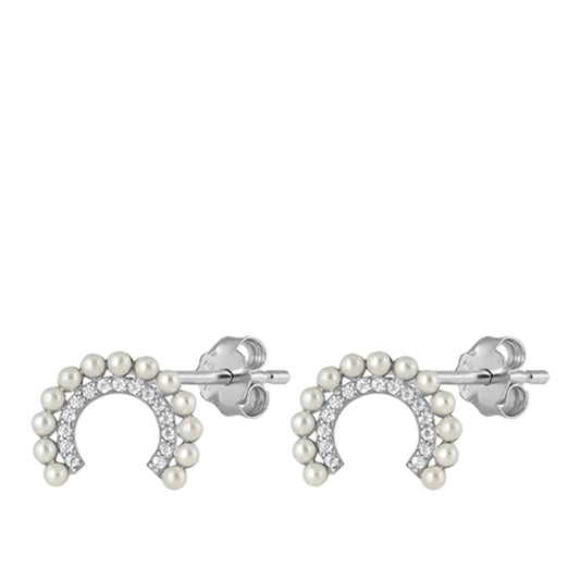 Sterling Silver Chic Clear CZ Freshwater Pearl Abstract Rainbow Arc Earrings