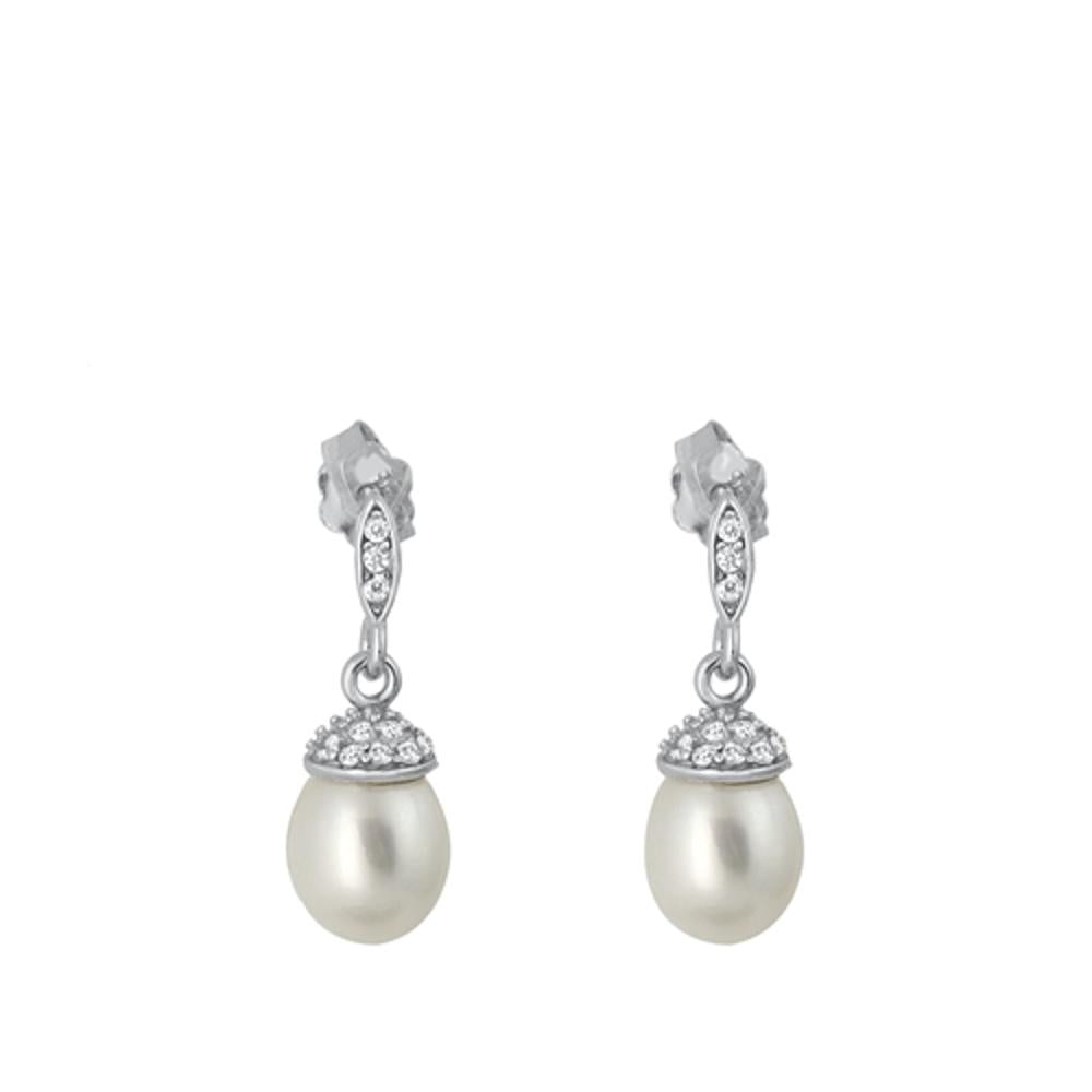 Sterling Silver Beautiful Freshwater Pearl Clear CZ Drop Dangle Earrings 925 New