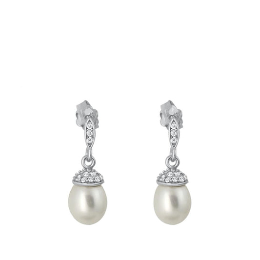 Sterling Silver Beautiful Freshwater Pearl Clear CZ Drop Dangle Earrings 925 New