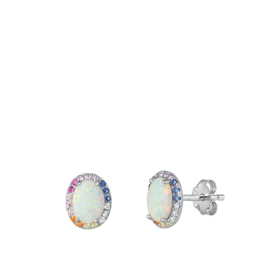 Sterling Silver Beautiful Oval White Opal Multicolor CZ Earrings 925 New 925 New