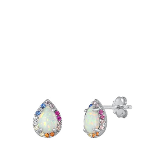 Sterling Silver Cute White Synthetic Opal Multicolor Pear CZ Earrings 925 New