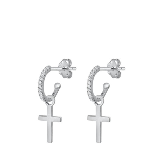 Sterling Silver Polished Dangle Cross Hoop Clear CZ Christian Earrings 925 New