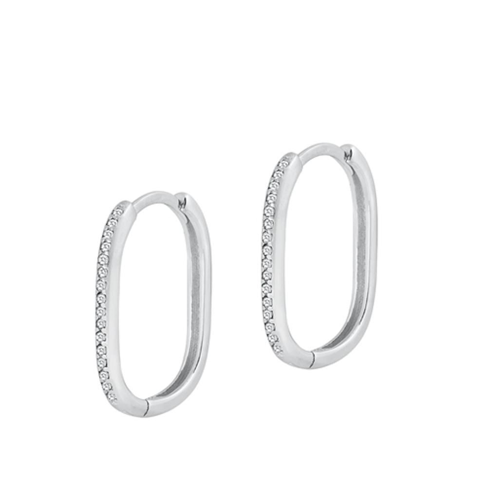 Stylish Sterling Silver Oval Clear CZ Dangle Hoop High Polished Earrings 925 New