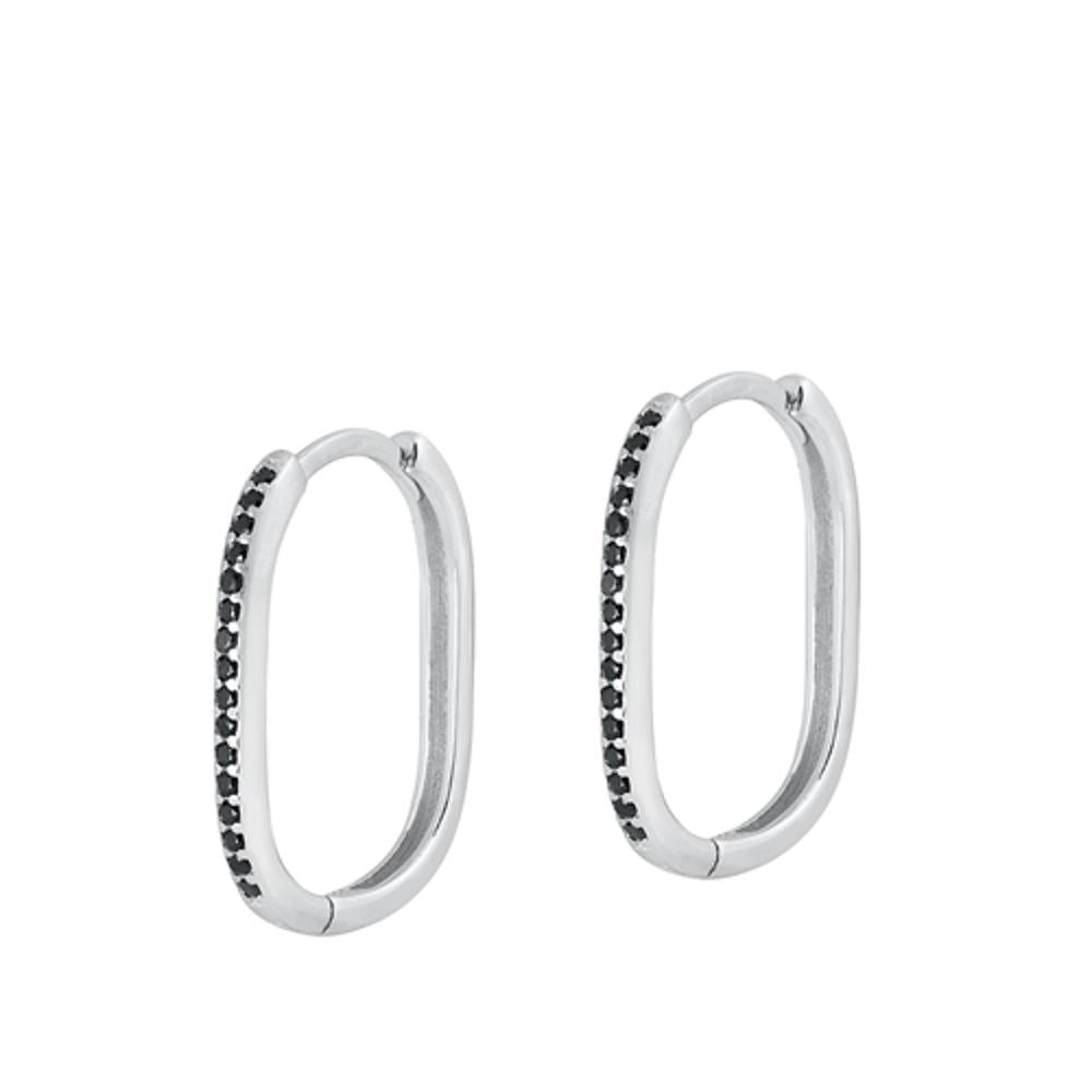 Stylish Sterling Silver Oval Black CZ Hoop High Polished Earrings 925 New