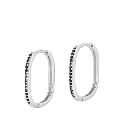 Stylish Sterling Silver Oval Black CZ Hoop High Polished Earrings 925 New