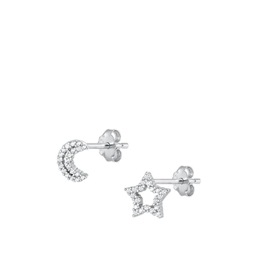 Trendy Star & Moon Clear CZ Stud Mix & Match Earrings Sterling Silver 925 New