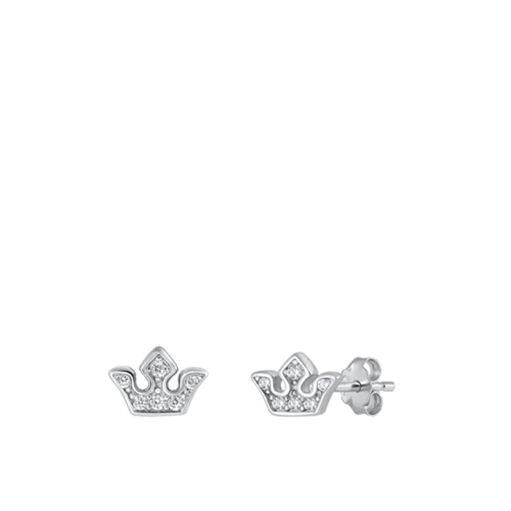 Sterling Silver Cute Clear CZ Small Crown Minimalist Stud Earrings 925 New