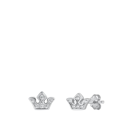 Sterling Silver Cute Clear CZ Small Crown Minimalist Stud Earrings 925 New