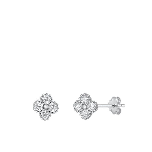 Sterling Silver Clear CZ Floral Stud High Polished Earrings Flower Post 925 New