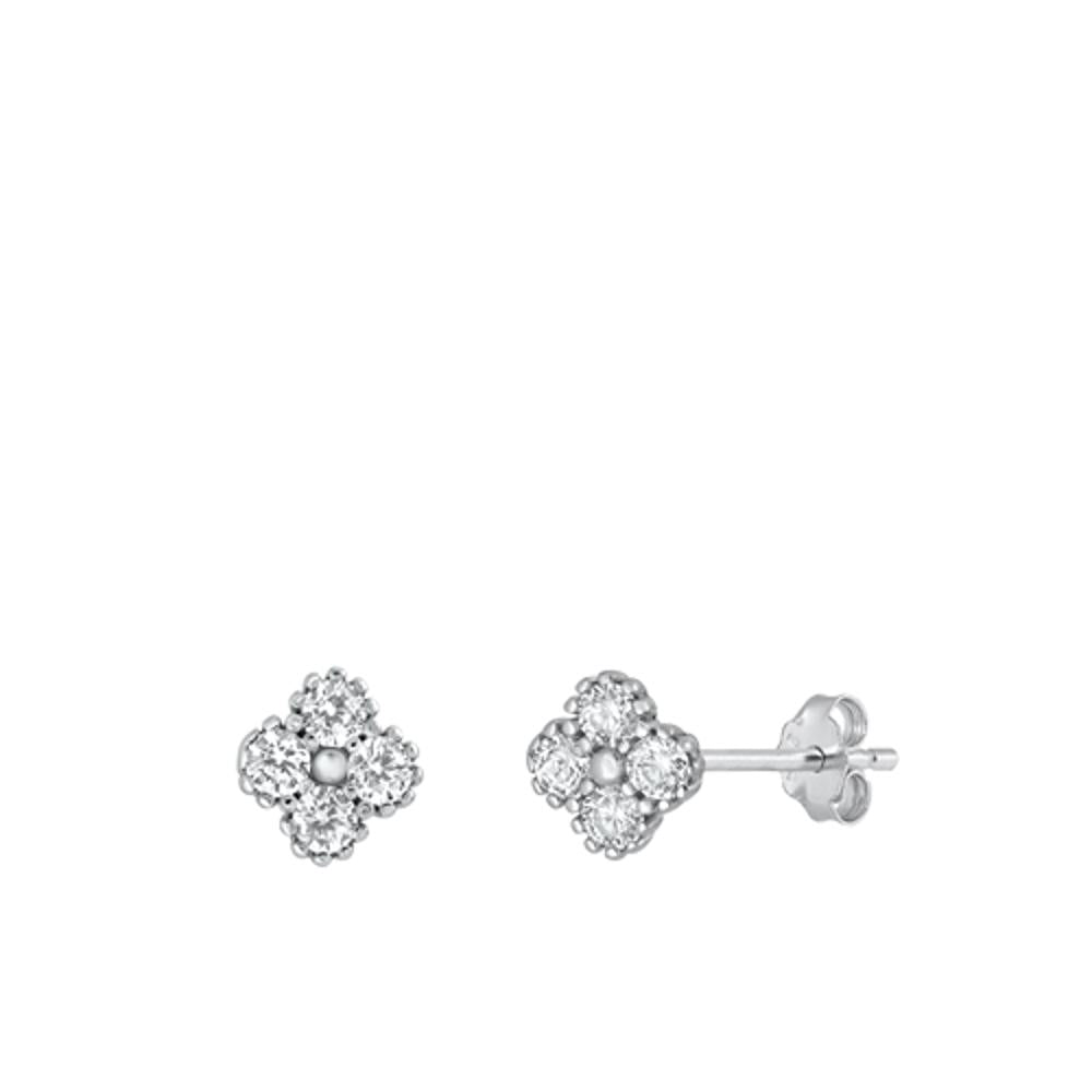 Sterling Silver Clear CZ Floral Stud High Polished Earrings Flower Post 925 New