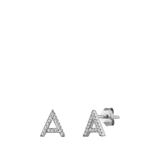 Cute Sterling Silver Polished Block Letter A Initial Clear CZ Earrings 925 New