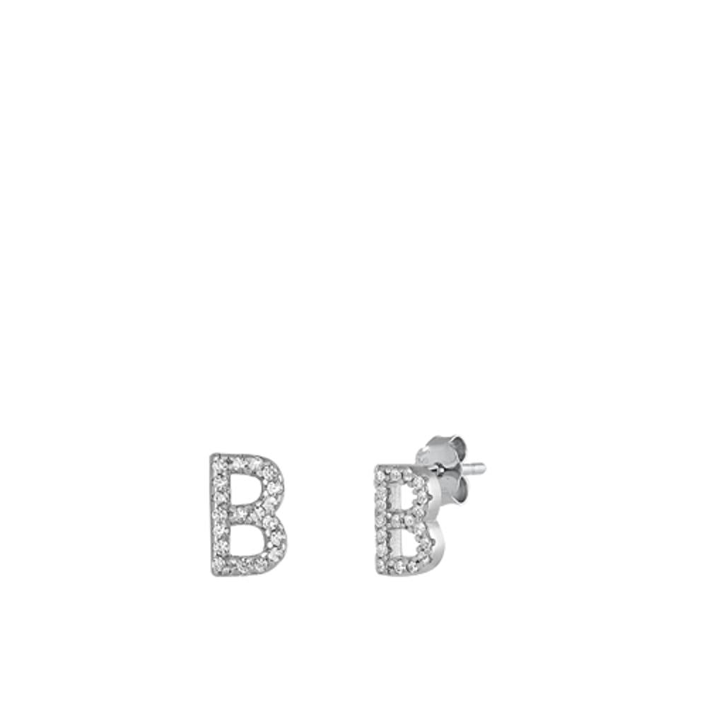 Sterling Silver Cute Flashy Block Letter B Initial Clear CZ Earrings 925 New