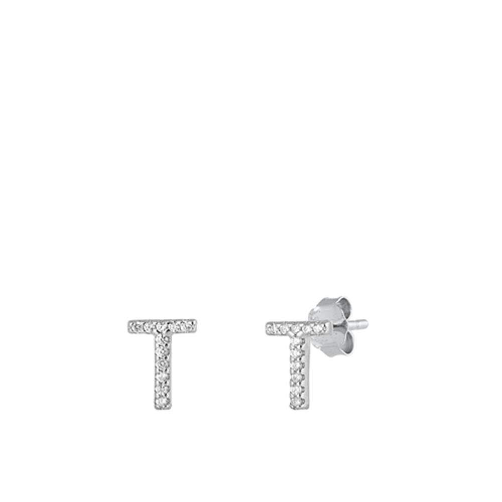 Cute Sterling Silver Wholesale Block Letter T Initial Clear CZ Earrings 925 New