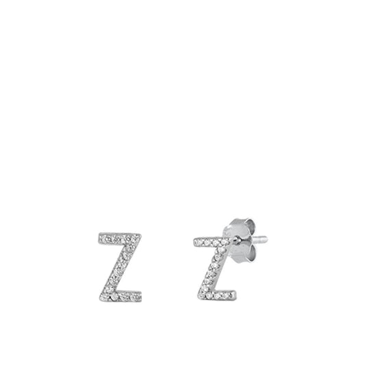 Cute Sterling Silver Polished Block Letter Z Initial Clear CZ Earrings 925 New