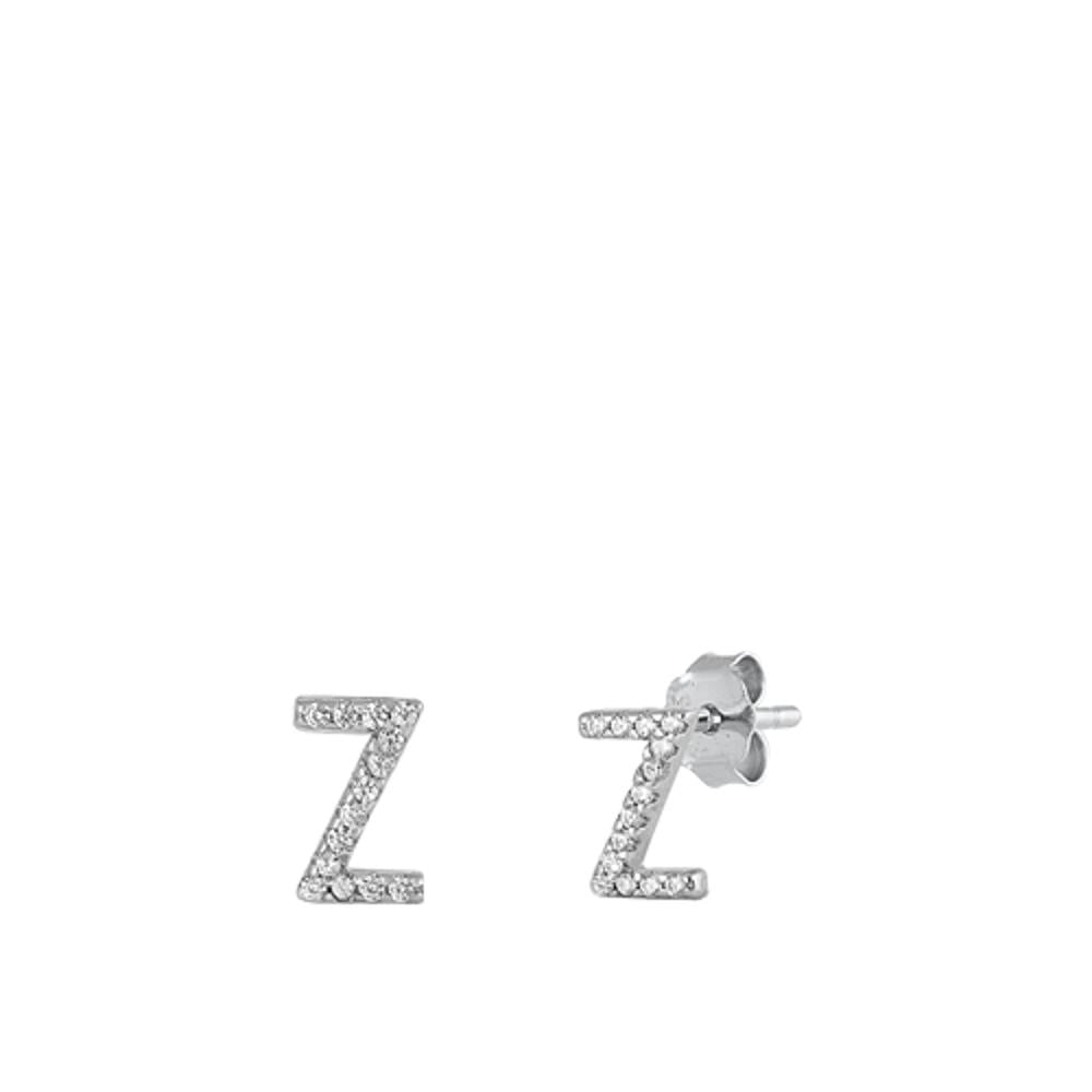 Cute Sterling Silver Polished Block Letter Z Initial Clear CZ Earrings 925 New