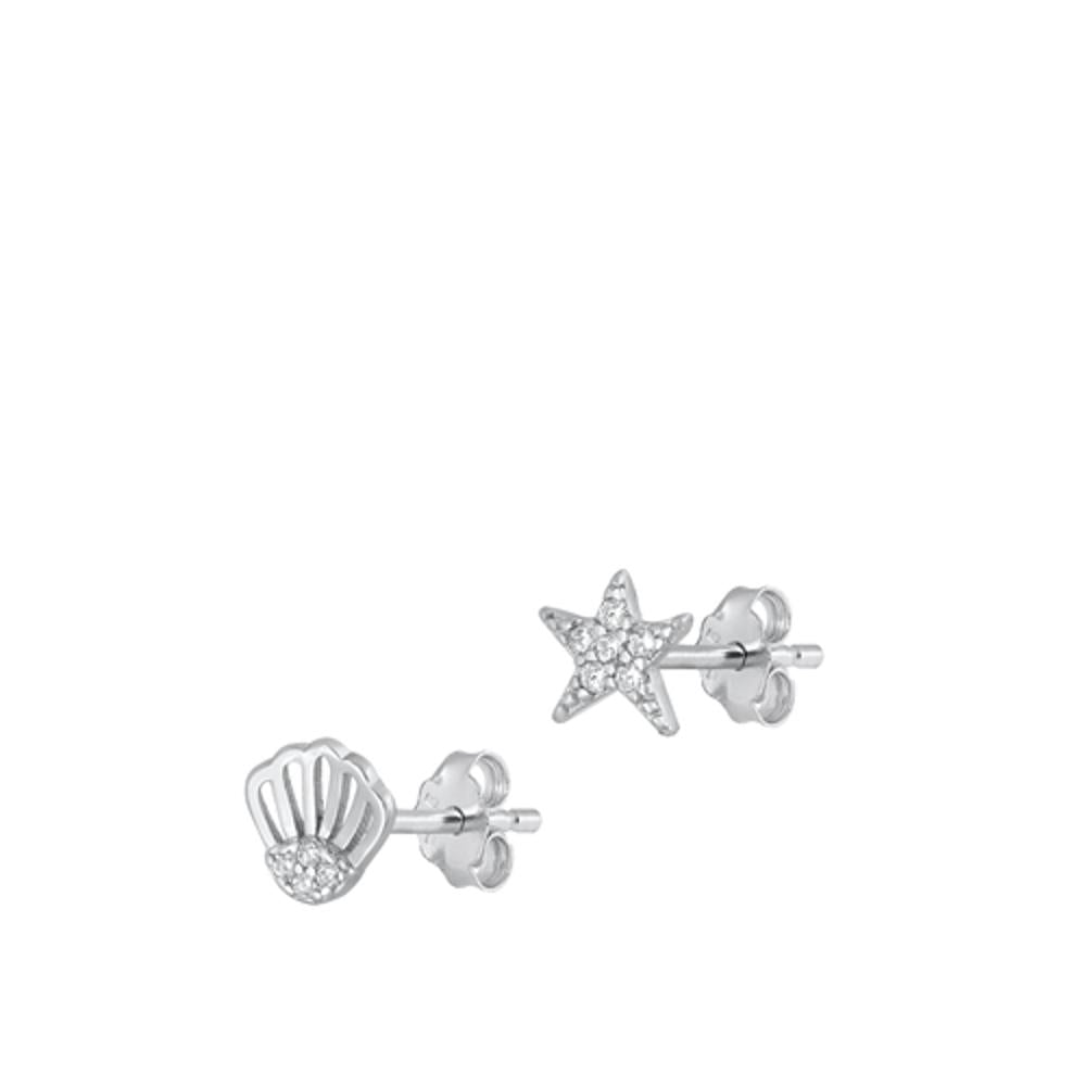 Sterling Silver Classic Starfish & Shell Clear CZ Unique Fashion Earrings 925