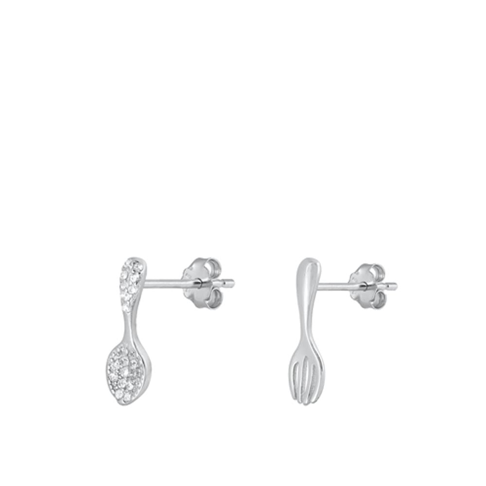Sterling Silver Cute Clear CZ Fork & Spoon Fashion Stud Earrings 925 New