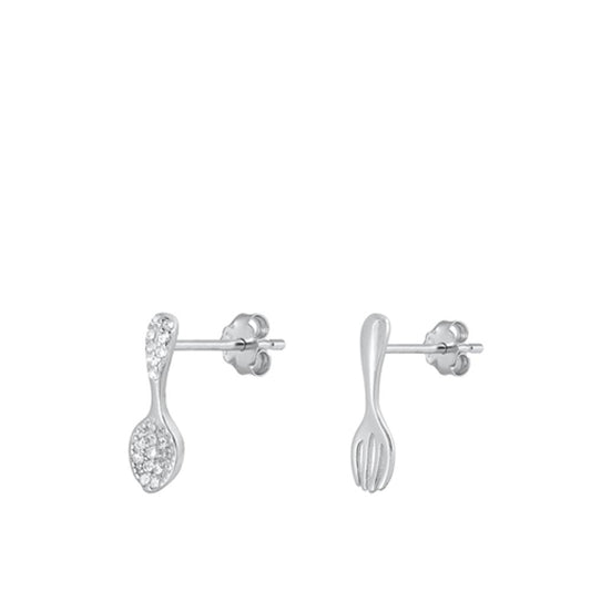 Sterling Silver Cute Clear CZ Fork & Spoon Fashion Stud Earrings 925 New