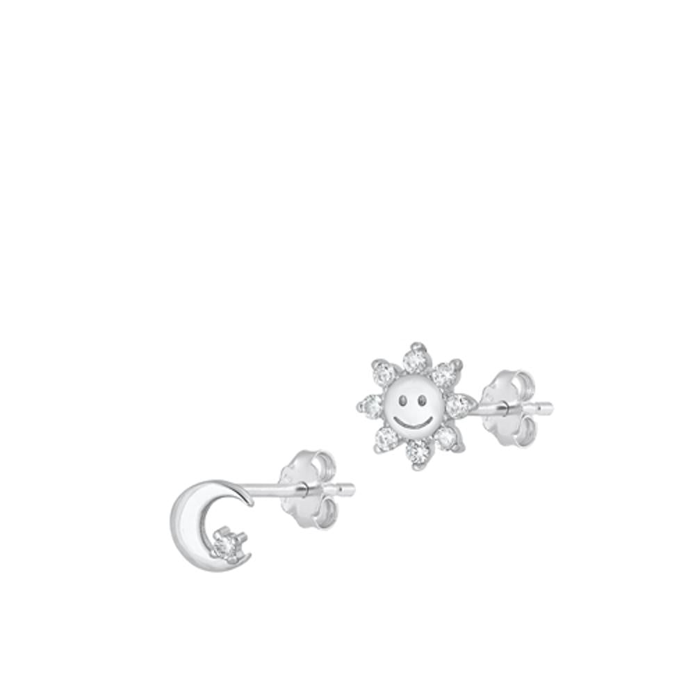 Sterling Silver Classic Cute Sun & Moon Clear CZ Unique Fashion Earrings 925 New