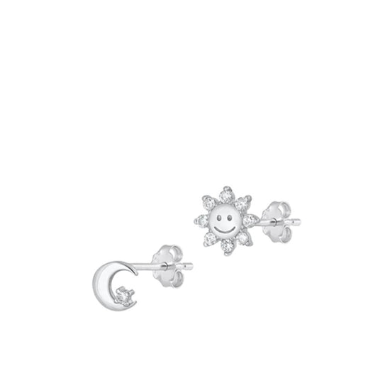 Sterling Silver Classic Cute Sun & Moon Clear CZ Unique Fashion Earrings 925 New