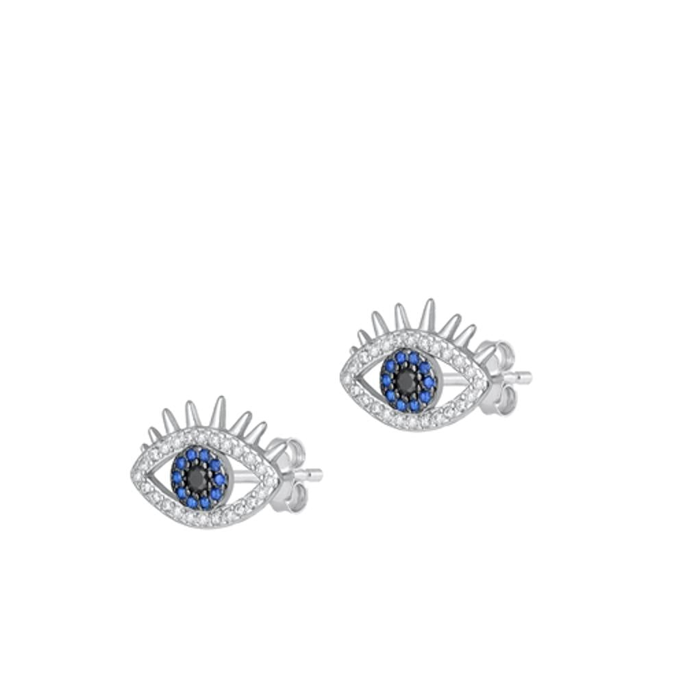 Sterling Silver Cute Clear CZ Blue Topaz CZ Evil Eye Stud Earrings .925 New