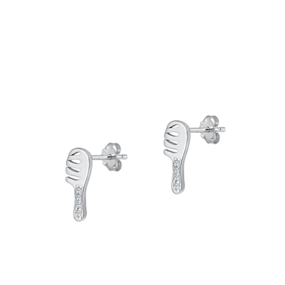 Sterling Silver Unique Clear CZ Hair Brush Comb Stud Earrings .925 New