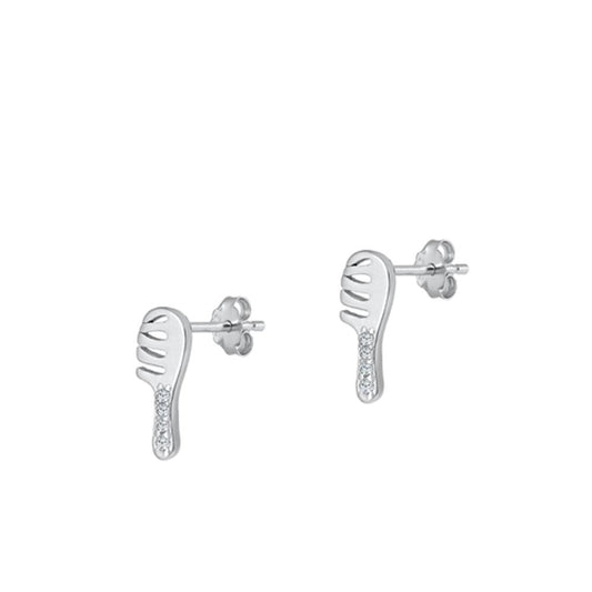 Sterling Silver Unique Clear CZ Hair Brush Comb Stud Earrings .925 New