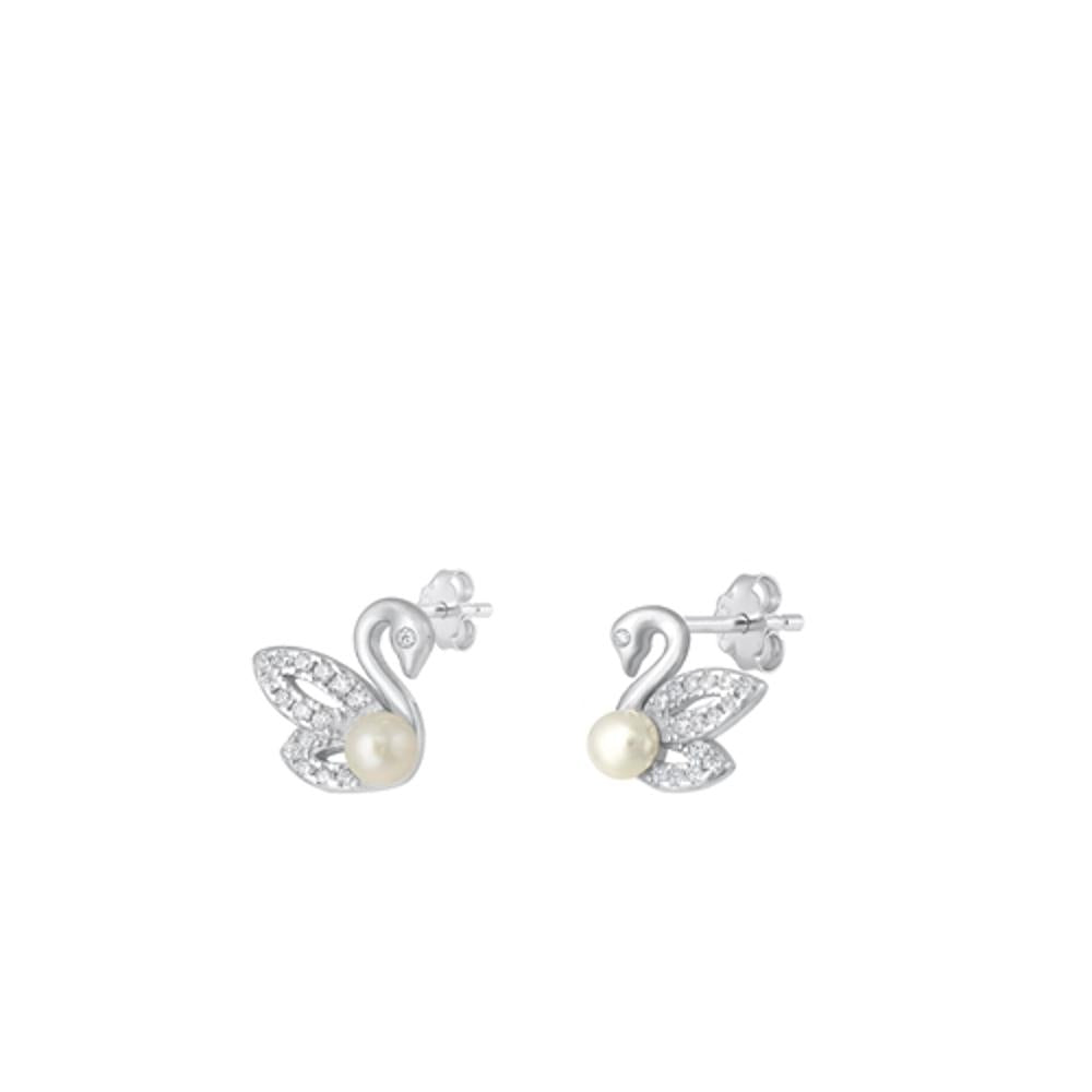 Sterling Silver Beautiful Mother of Pearl Clear CZ Swan Stud Earrings .925 New