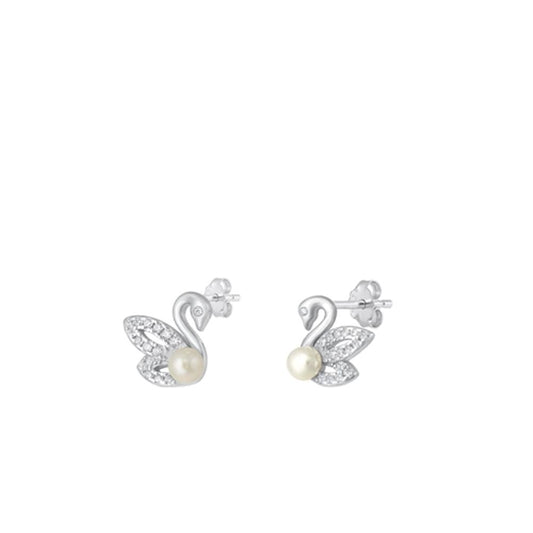Sterling Silver Beautiful Mother of Pearl Clear CZ Swan Stud Earrings .925 New