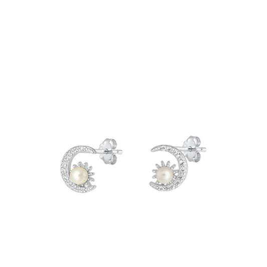 Sterling Silver Beautiful Moon & Sun Clear CZ Freshwater Pearl Earrings .925 New