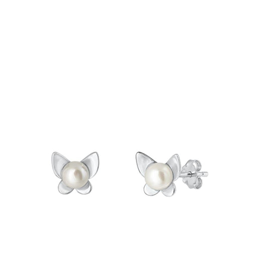 Sterling Silver Unique Freshwater Pearl Butterfly High Polished Earrings 925 New